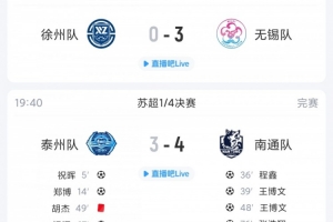 苏超综述：无锡出征客场3球完胜徐州，十人泰州在主场3-4不敌南通